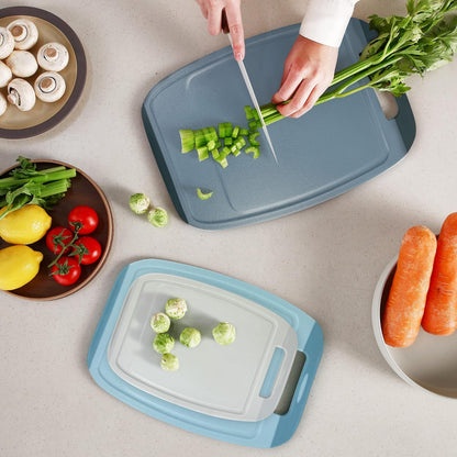Neoflam Microban Plastic Cutting Board 3 Set for Kitchen, BPA Free, Large Food Chopping Boards, Reversable Use, Large Juice Grooves, Easy Grip Handles, Dishwasher Safe, Chop Meat, Veggies, Blue Gray