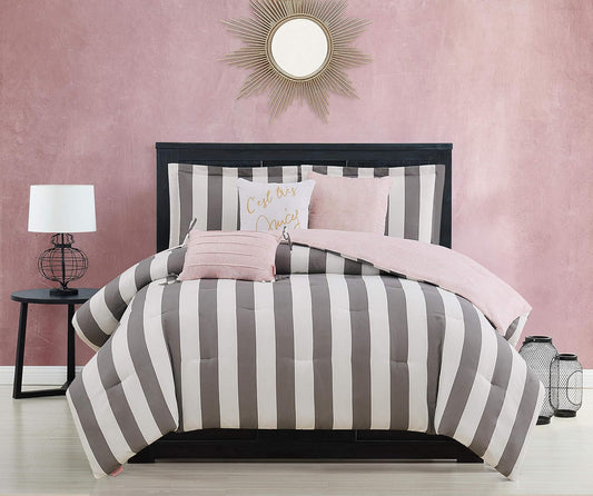 Juicy Couture - Juego de edredón, diseño de Rayas de cabaña, Juego de Cama Individual, Juego de 5 Piezas Incluye 1 edredón, 1 Funda y 3 Almohadas Decorativas, 100% Microfibra de poliéster, Resistente