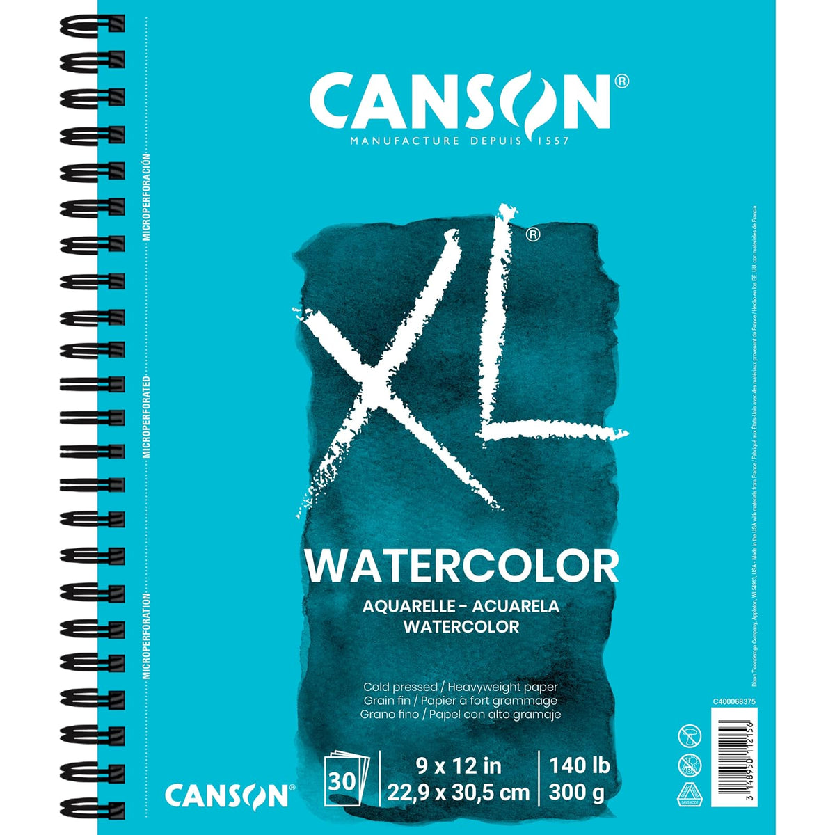 Canson Libreta XL Watercolor 9x12 In (22.9 x 30.5 cm) 140 LB 300g | Lado de alambre, 30 hojas (300 g) para pintura, lápiz, tinta, carbón, pastel, acrílico