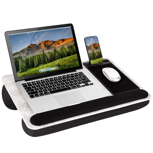 LapGear Home Office Pro - computadora de regazo con reposamuñecas, alfombrilla para mouse y soporte para teléfono, mármol blanco, se adapta a portátiles de hasta 15.6 pulgadas, estilo n.º 91591