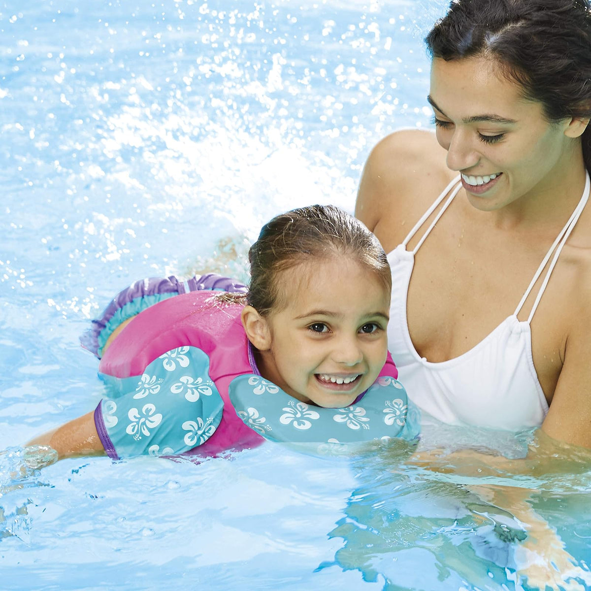 Swimschool - Entrenador de natación, talla pequeña/mediana, chaleco de natación con mangas para los hombros, correa de seguridad ajustable y cuello extraíble para la barbilla, rosa y aguamarina