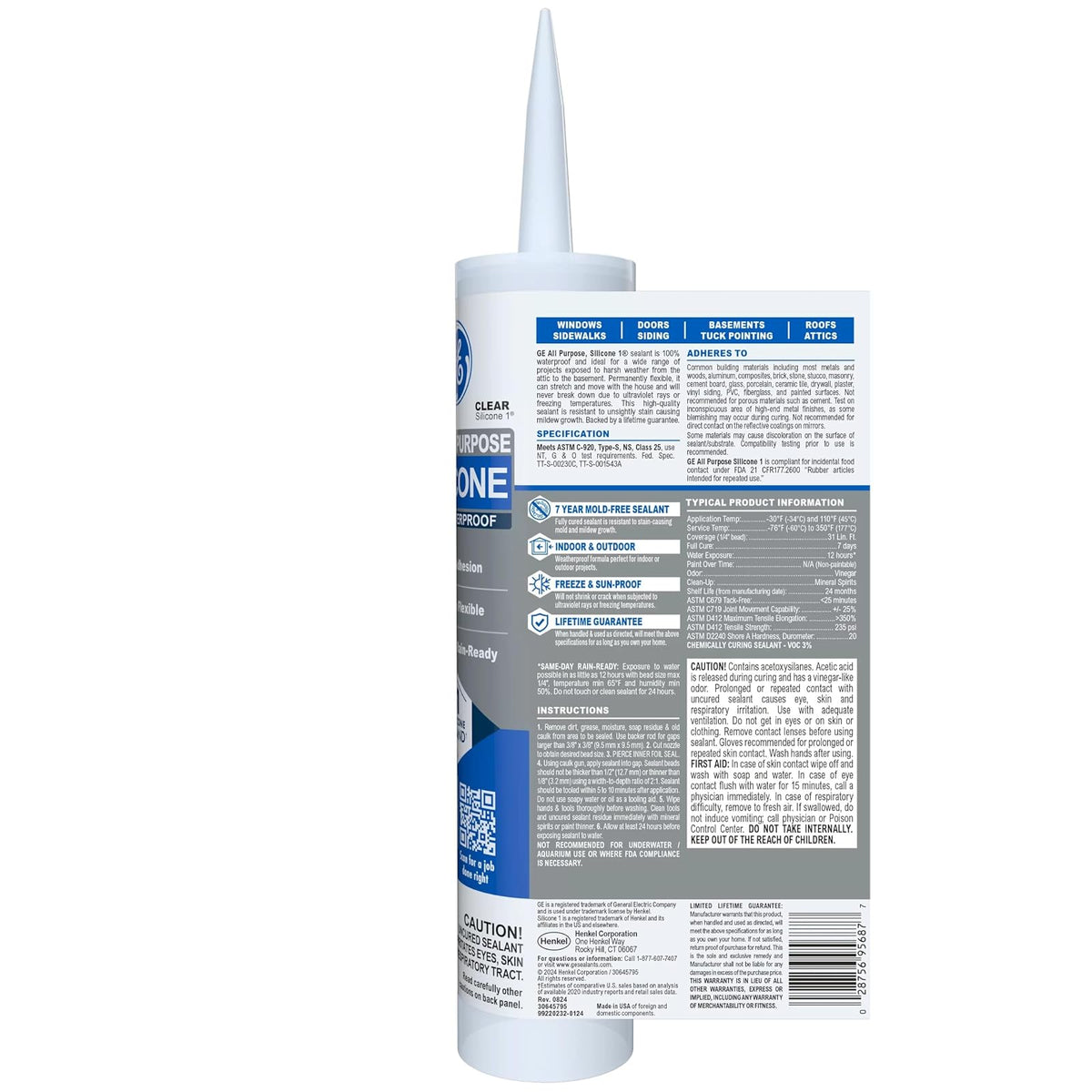 GE - Calafaté de silicona multiusos, transparente, cartucho de 10 fl oz, 1 paquete, sellador de silicona 100% impermeable, adherencia más fuerte, a prueba de congelación y sol