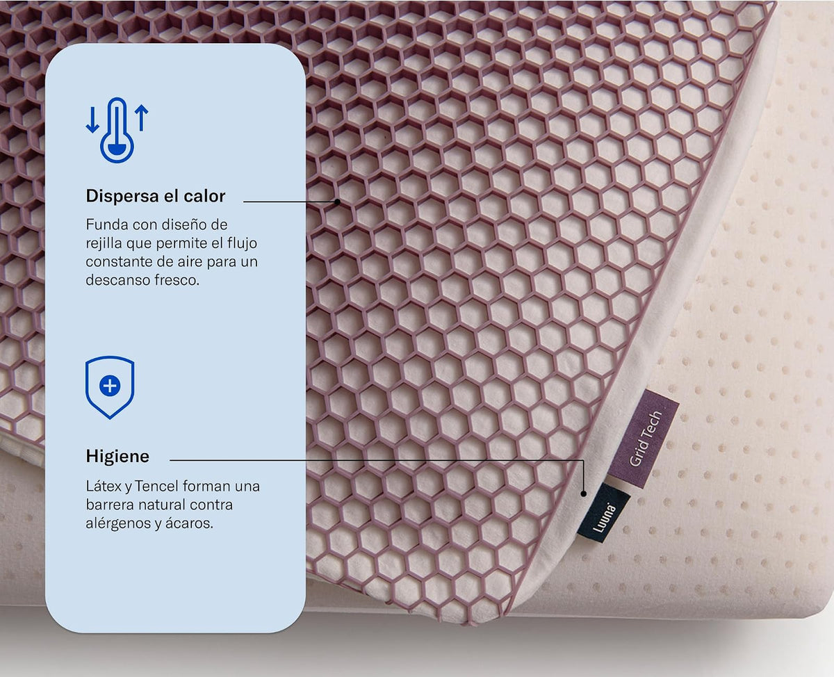 Luuna - Almohada Grid Tech, Suave y Fresca, Hecha de Látex Talalay de Calidad Superior, Hipoalergénica, Soporte y Confort, Color Blanco, Marca Mexicana, Tamaño Estándar