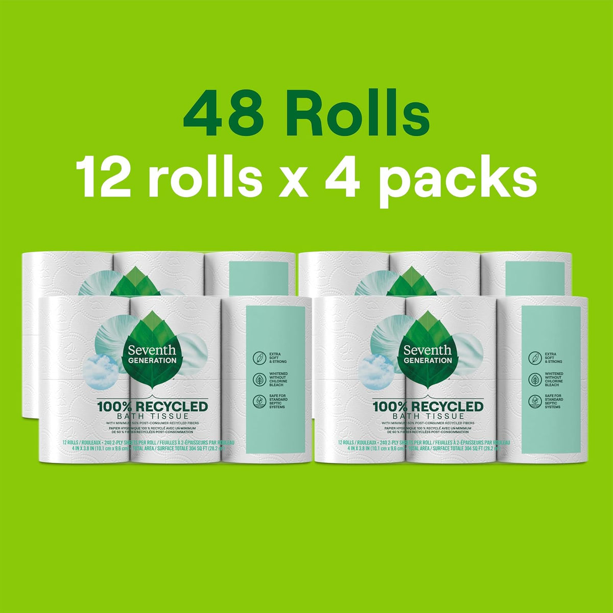 Seventh Generation Toilet Paper, Bath Tissue, 100% Recycled Paper, 48 Rolls (Packaging May Vary)