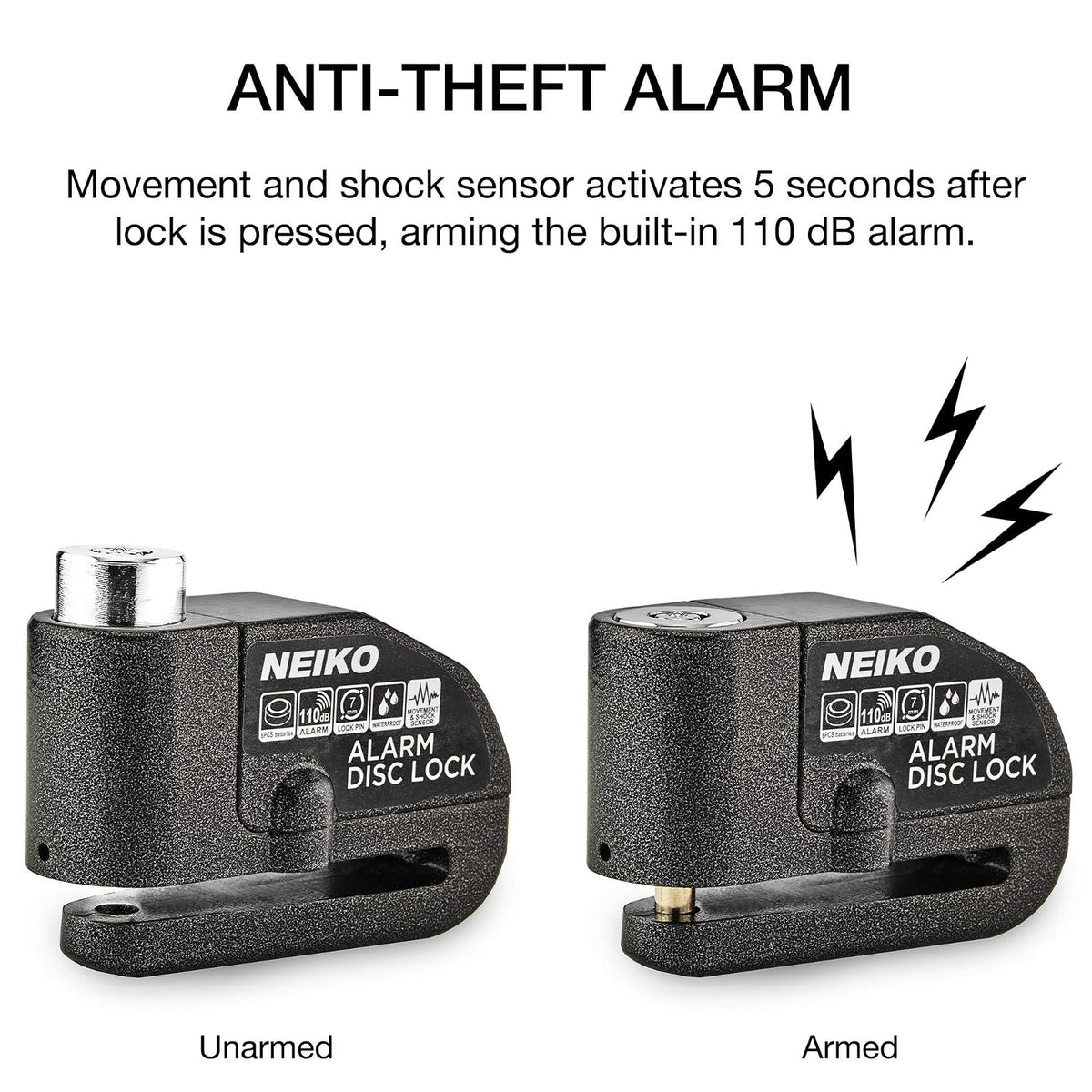 Neiko Candado de Motocicleta Antirrobo con Alarma 52908A | Bloqueo de disco, sensor de movimiento, 110 dB, compatible con motocicletas, , scooters