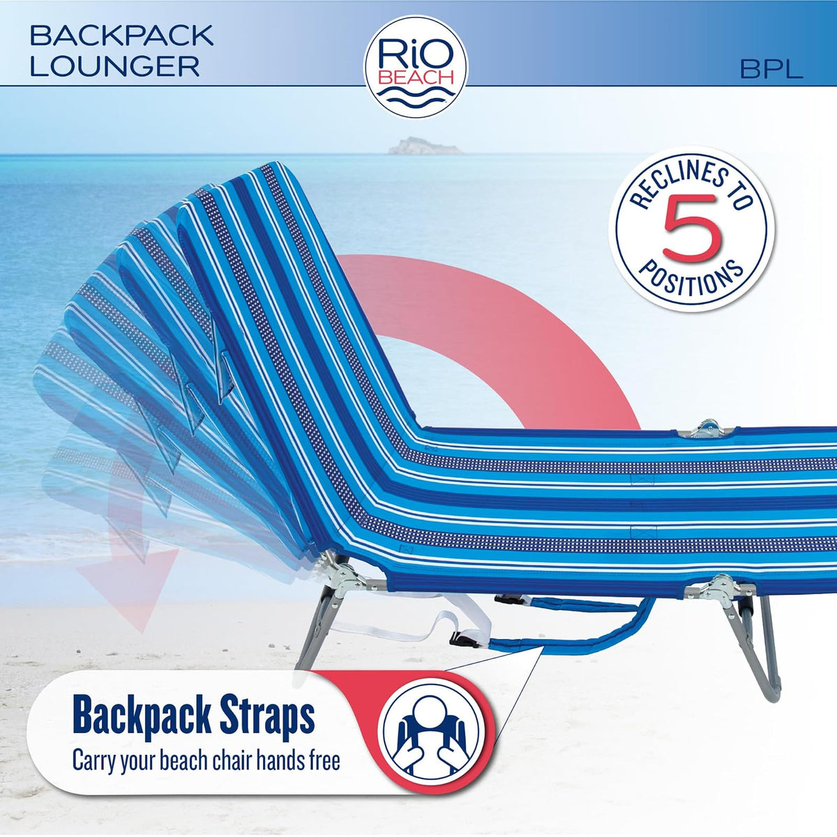 Rio Beach Multi Position Backpack Chair Lounger with Blue Stripe