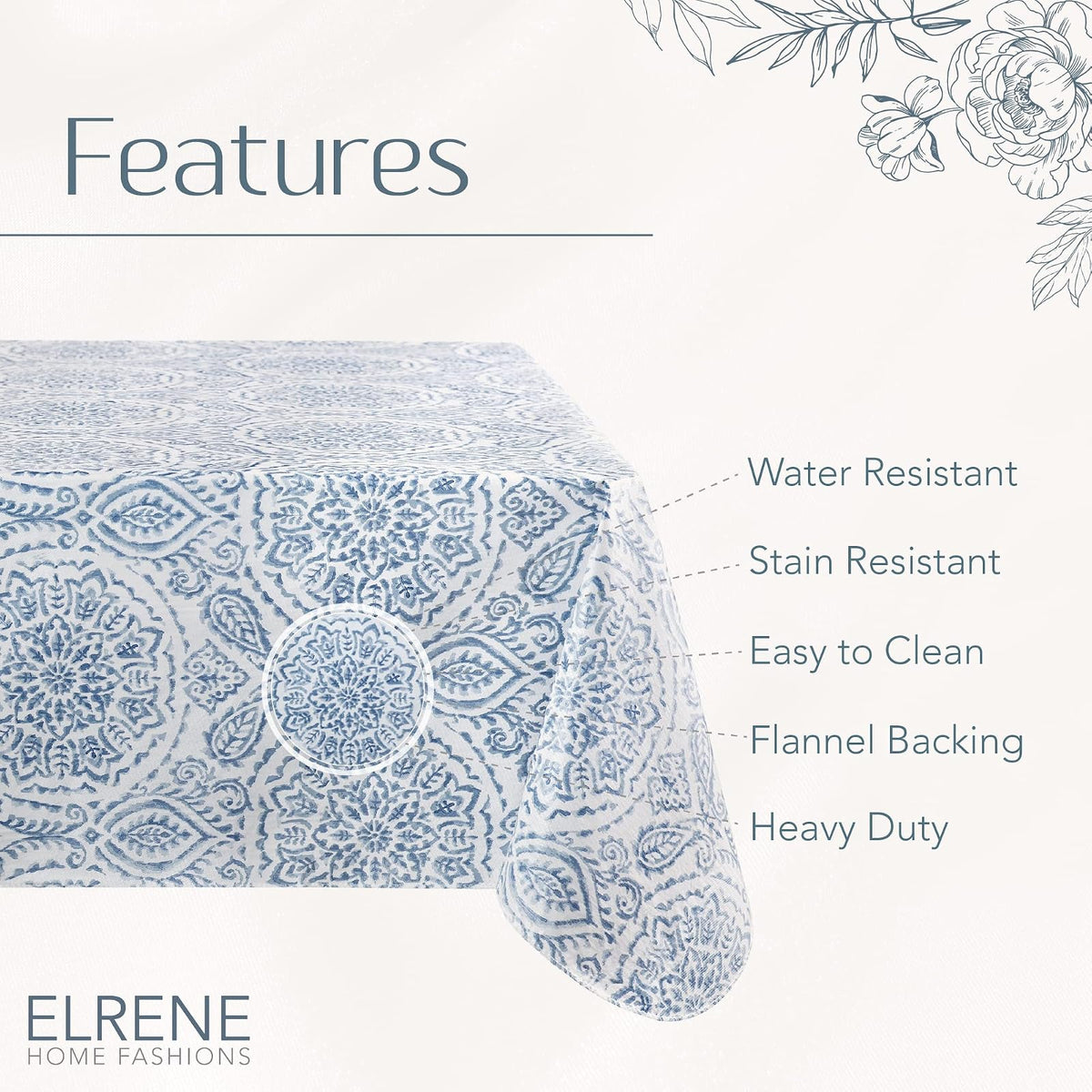 Elrene Home Fashions Savannah Boho Paisley Water- and Stain-Resistant Vinyl Tablecloth with Flannel Backing, 60 Inches X 120 Inches, Rectangle, Blue