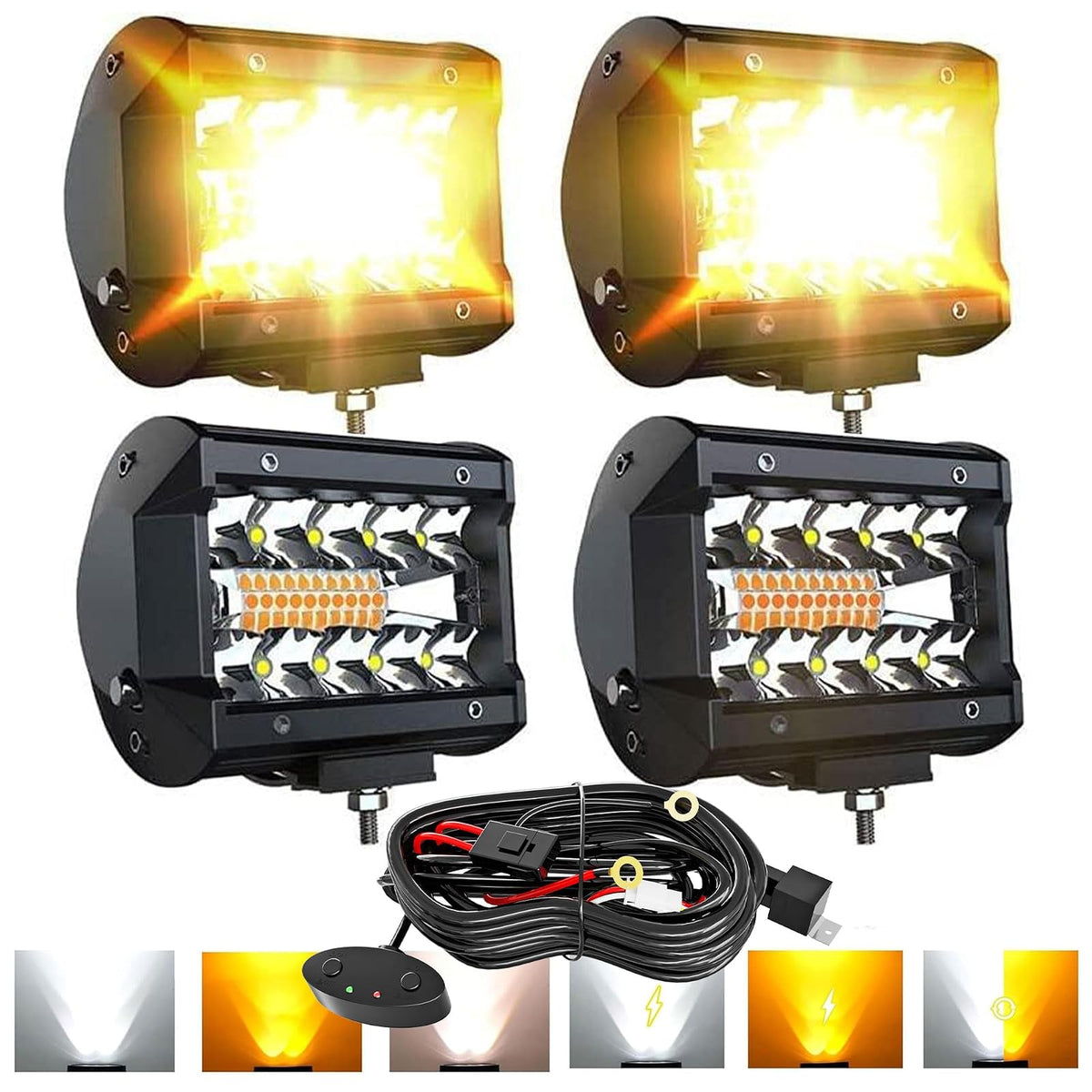 FEELON LED Light Bar 4PCS 4'' Inch White/Amber Yellow LED Pods Equivalent to 240-Watt Strobe Light Driving Fog Lights Triple Row Off Road Lights with Six Modes for SUV ATV UTV Trucks Pickup Lamp
