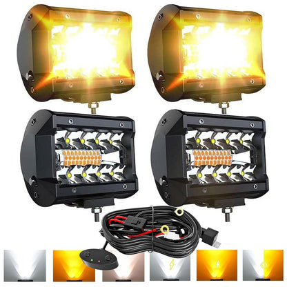 FEELON LED Light Bar 4PCS 4'' Inch White/Amber Yellow LED Pods Equivalent to 240-Watt Strobe Light Driving Fog Lights Triple Row Off Road Lights with Six Modes for SUV ATV UTV Trucks Pickup Lamp