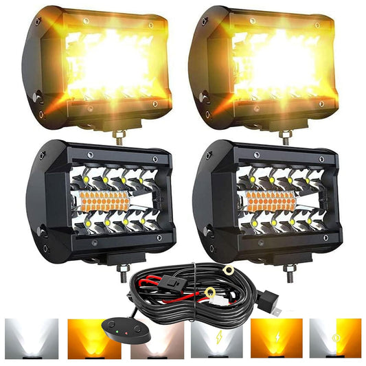 FEELON LED Light Bar 4PCS 4'' Inch White/Amber Yellow LED Pods Equivalent to 240-Watt Strobe Light Driving Fog Lights Triple Row Off Road Lights with Six Modes for SUV ATV UTV Trucks Pickup Lamp