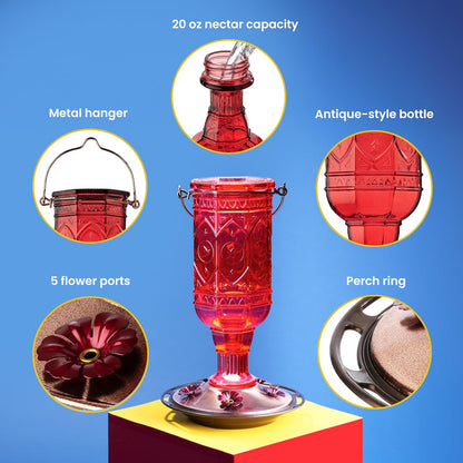 More Birds 76IN Ounce Nectar Capacity Hummingbird Feeder Vintage Red Antique Glass Bottle, 23-Oun, 23 oz