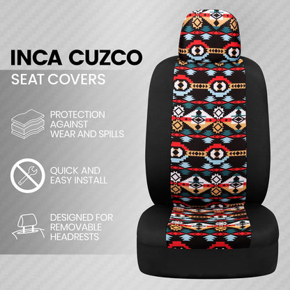 BDK Fundas de Asiento Azul Azteca | Paquete de 2, asientos delanteros, diseño sin laterales, ajuste universal, reposacabezas a juego