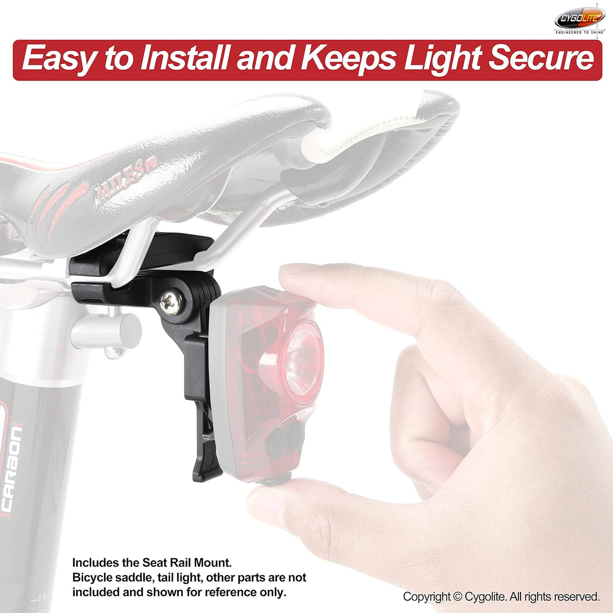 Cygolite - Soporte para riel de sillín - para luces traseras Cygolite Hypershot y Hotshot serie - Se instala debajo del sillín de bicicleta, aspecto menos desordenado, compacto y duradero, se adapta a