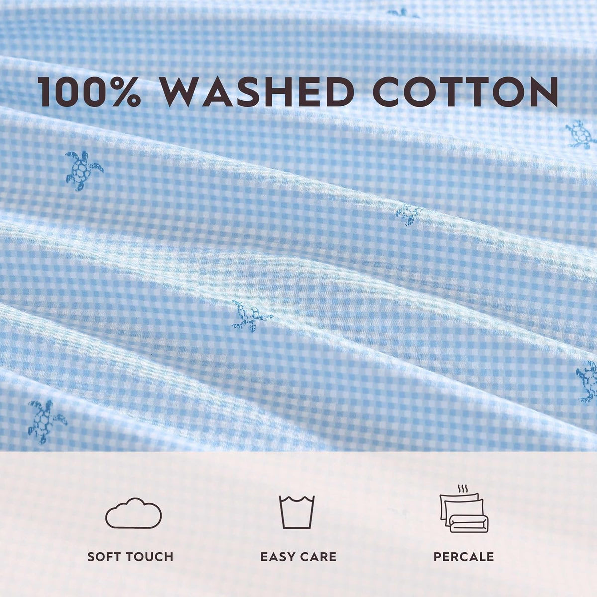 Laura Ashley - Juego de sábanas matrimoniales, algodón percal, Ligero y Transpirable para decoración del hogar (Azul [Turtle Gingham Blue], matrimonial)