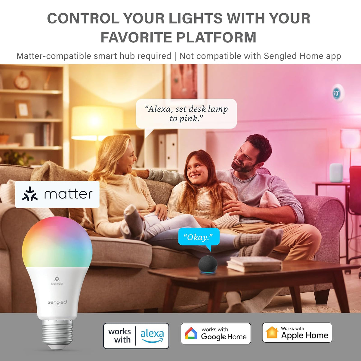 Sengled Matter - foco LED inteligente (A19), multicolor, compatible con Alexa, equivalente a 60 W, 800 lm, emparejamiento instantáneo, paquete de 1