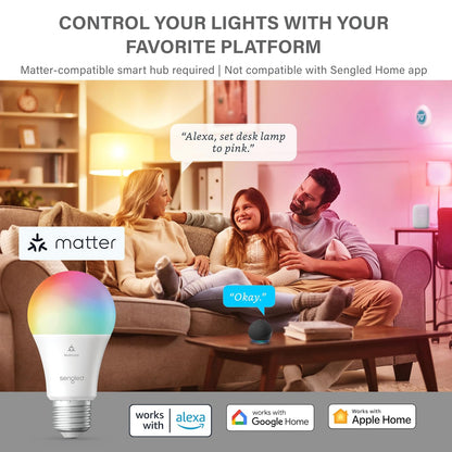 Sengled Matter - foco LED inteligente (A19), multicolor, compatible con Alexa, equivalente a 60 W, 800 lm, emparejamiento instantáneo, paquete de 1