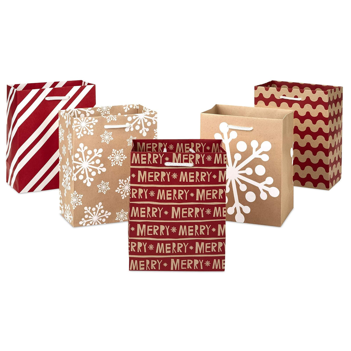 Hallmark Juego de bolsas de regalo pequeñas de 6 pulgadas (paquete de 5; rojo, blanco y kraft), copos de nieve, rayas, Merry (5XGB1798)