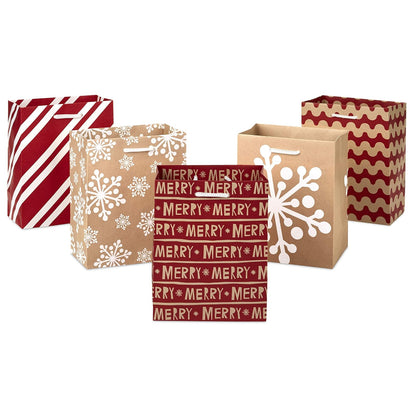 Hallmark Juego de bolsas de regalo pequeñas de 6 pulgadas (paquete de 5; rojo, blanco y kraft), copos de nieve, rayas, Merry (5XGB1798)