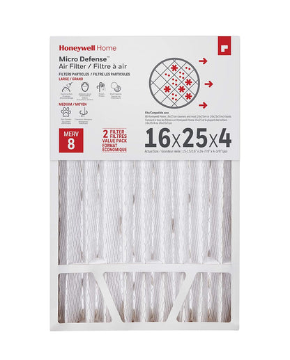 Honeywell Home MicroDefense AC Furnace Air Filter 16 x 25 x 4 MERV 8 (2 pk)