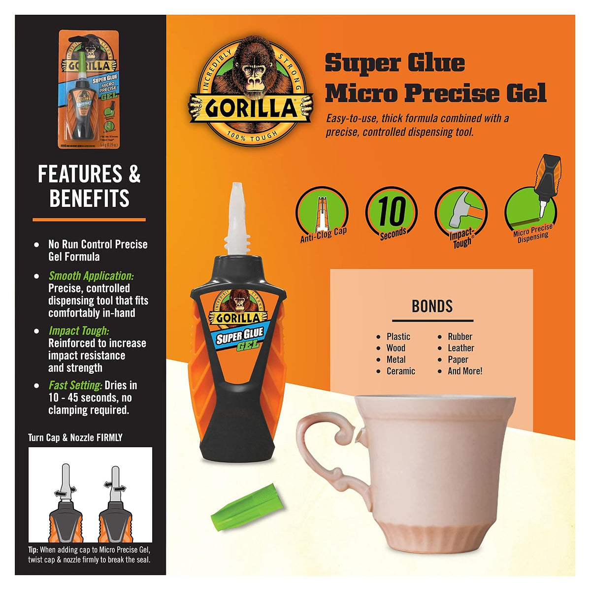 Gorilla Micro Precise Super Glue Gel, 5.5 gramos, transparente, (paquete de 2)