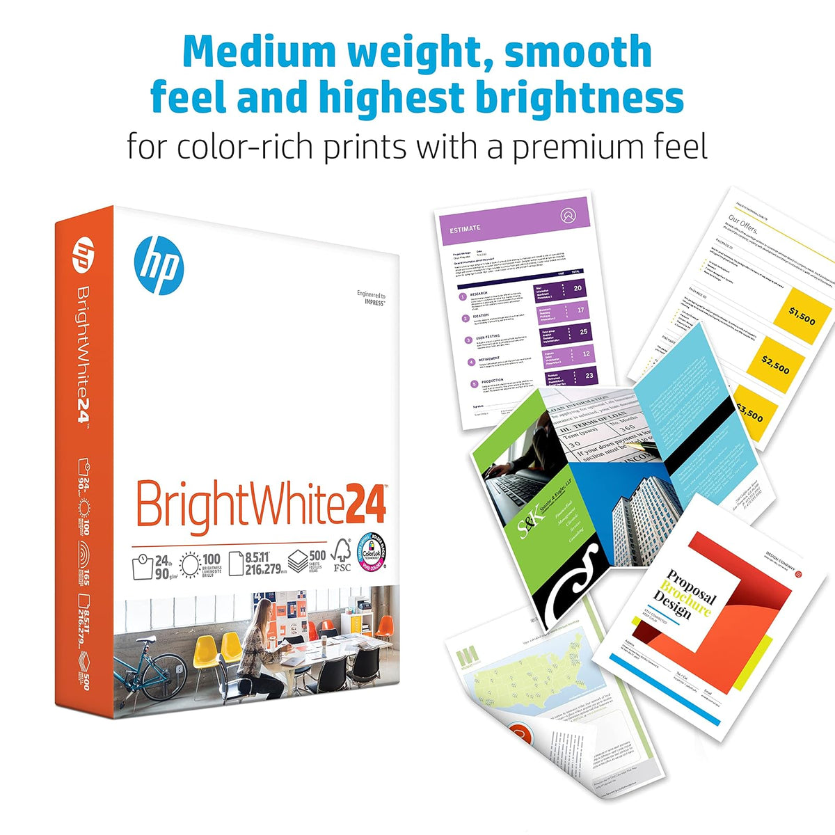 HP Papel para impresora, blanco brillante 24, blanco brillante 24, Blanco, Ream