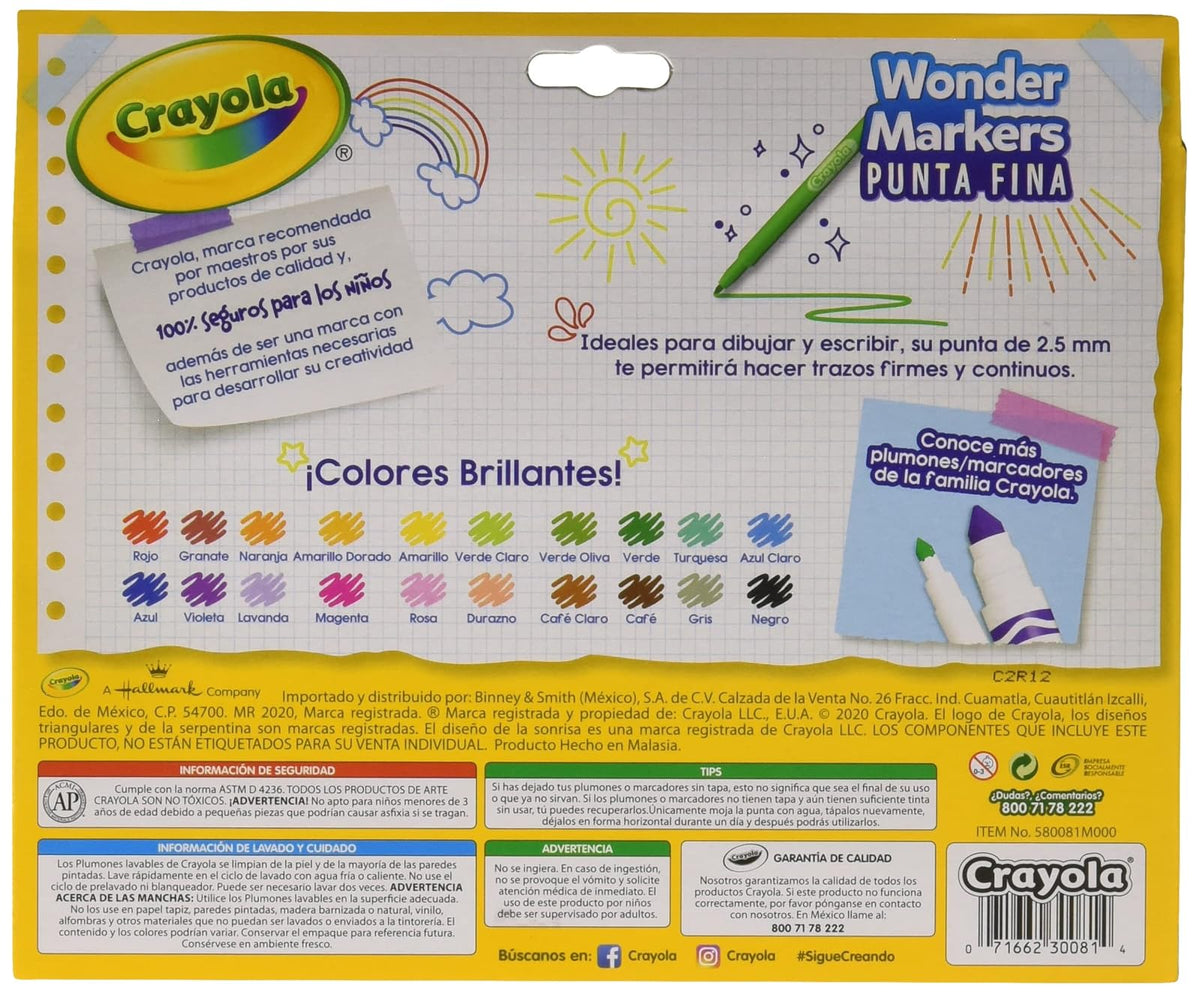 20 Wonder Markers Crayola + 12 Plumones Delgados Lavables