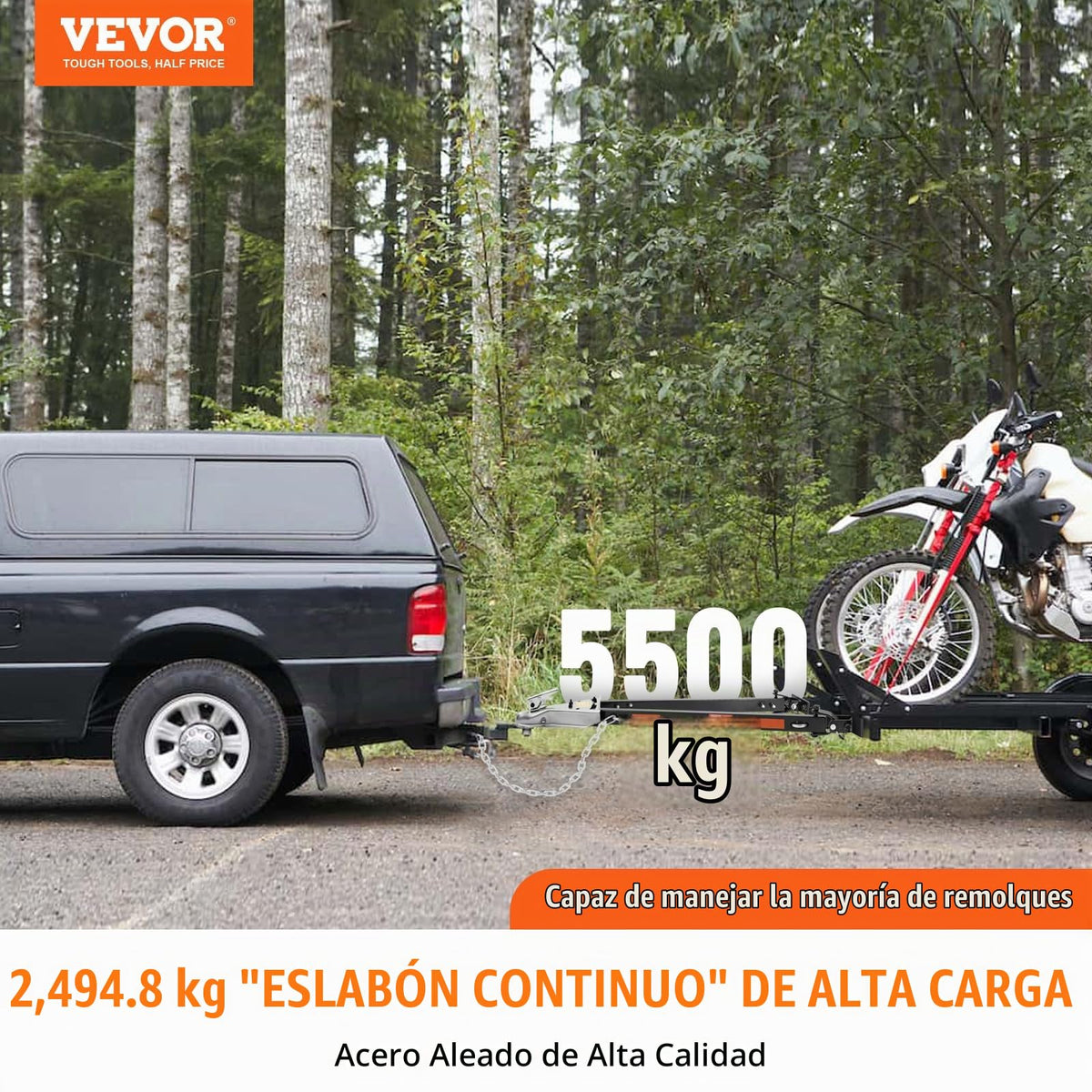 VEVOR Barra de Remolque, 2495 kg con Cadenas, Montaje de Parachoques Universal con Recubrimiento de Polvo de Aleación de Acero, Acoplador de Enganche de Bola de 2", Apertura de 1000 mm, para Camión