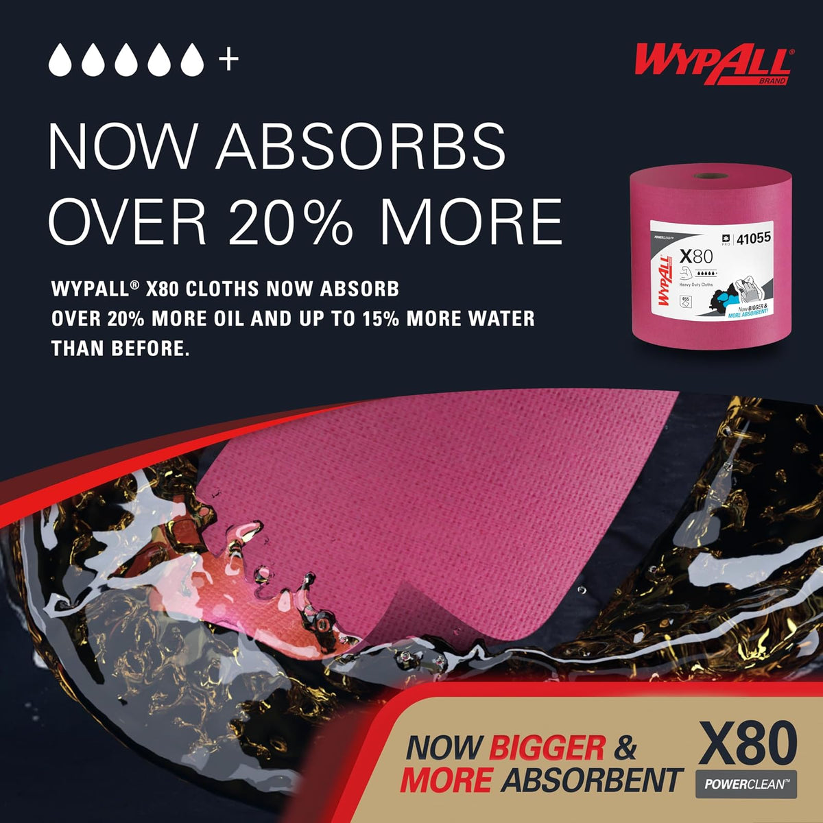 WypAll PowerClean X80 - Toallitas resistentes (41055), Jumbo, toallas de uso extendido, rojo (1 rollo de 455 hojas, 455 hojas en total)