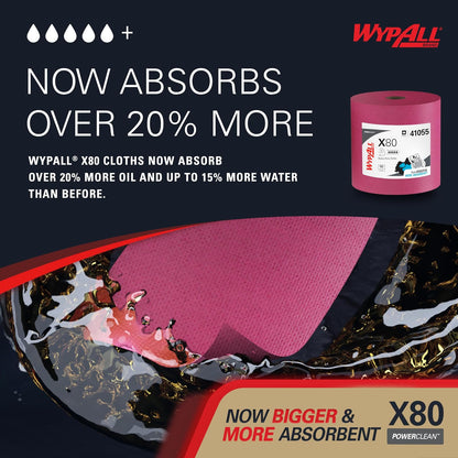 WypAll PowerClean X80 - Toallitas resistentes (41055), Jumbo, toallas de uso extendido, rojo (1 rollo de 455 hojas, 455 hojas en total)