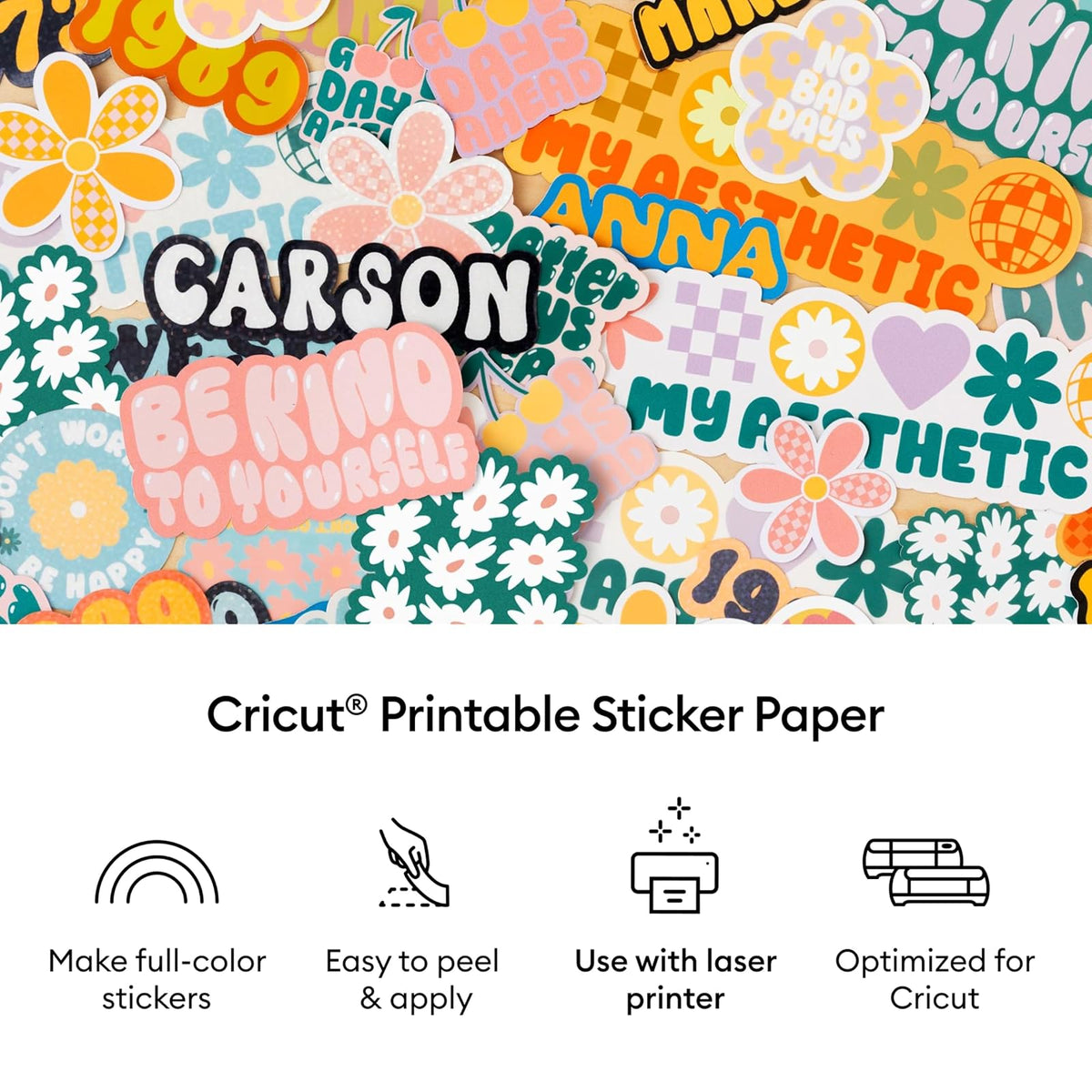 Cricut Papel calcomanía imprimible para impresora láser, 25 unidades, tamaño de letra de EE. UU. (8.5 x 11 pulgadas), color blanco, para hacer pegatinas personalizadas, decoración personalizada