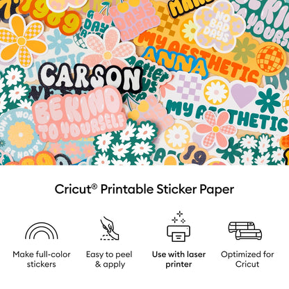 Cricut Papel calcomanía imprimible para impresora láser, 25 unidades, tamaño de letra de EE. UU. (8.5 x 11 pulgadas), color blanco, para hacer pegatinas personalizadas, decoración personalizada