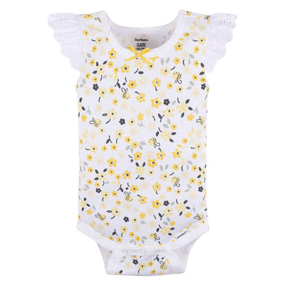 Gerber Set 4 Pañaleros sin Manga para Bebé Niña, Color Abeja Amarillo/Gris, Talla 3-6M