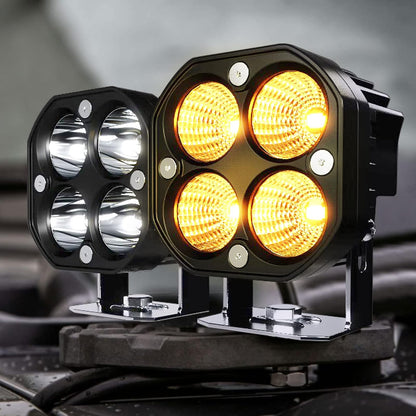 SLARY - Juego de 2 luces LED de trabajo de 3 pulgadas, color blanco y ámbar con seis modos, cubeta cuadrado, luces de parachoques con interruptor de arnés de cableado WHX-YY-4C-YWBS-2P3INS-SW