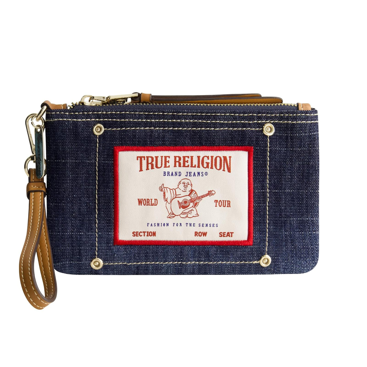True Religion - Mini portafolios para mujer con correa para la muñeca, tela vaquera oscura, talla única, Mezclilla oscura