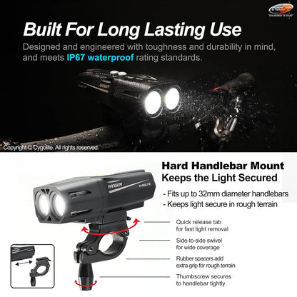 Cygolite Ranger 2000, 1800, 1500 Lumen Endurance Bike Lights - Ultra High Run Time, 9 Light Modes, Fine Tuneable , IP67 Waterproof, USB Rechargeable, Road & Mountain