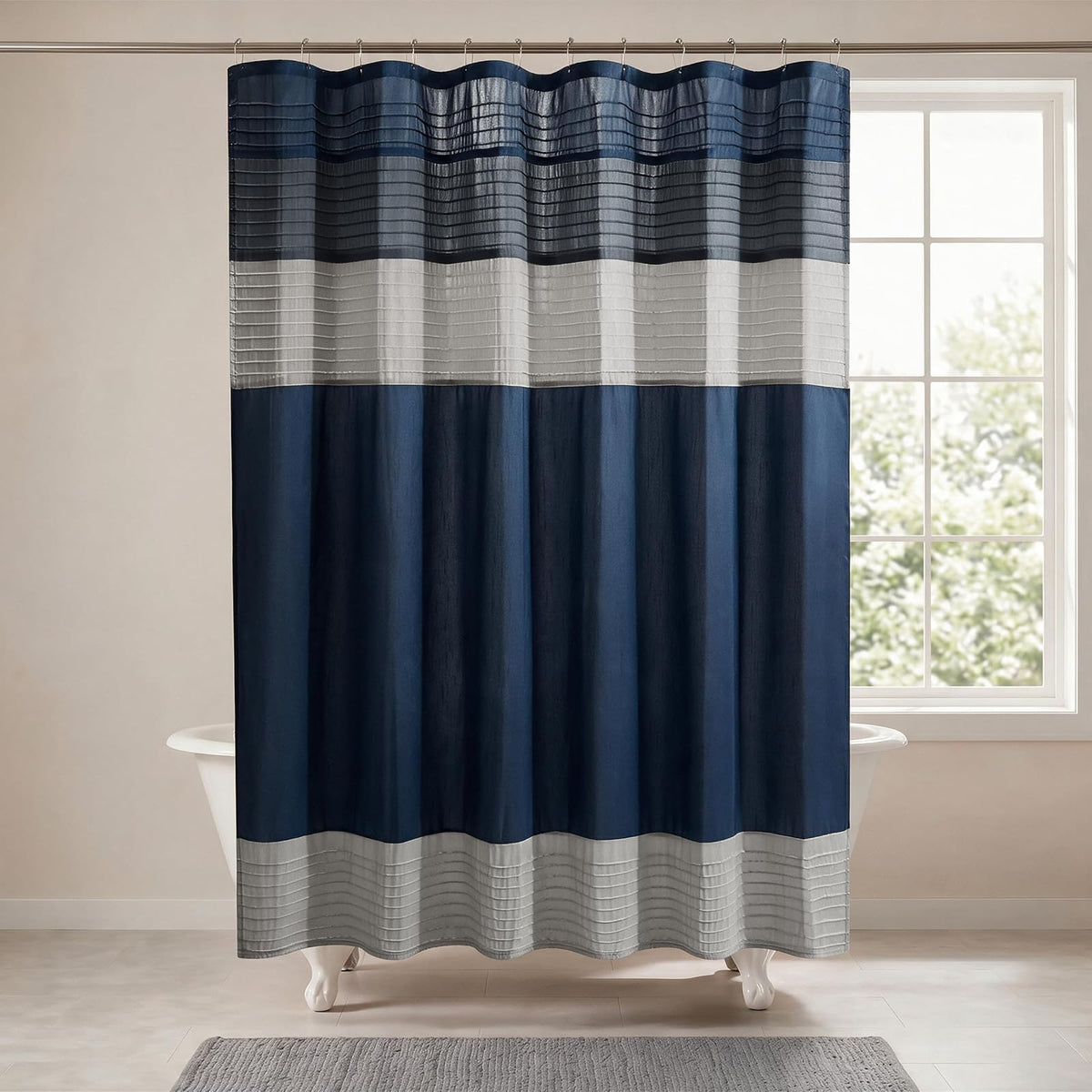Madison Park MP70-2206 Shower Curtain, Navy | Clásico moderno, brillo ligero, piezas, rayas, microfibra, lavable a máquina, certificado OEKO-TEX, Amherst - Azul marino