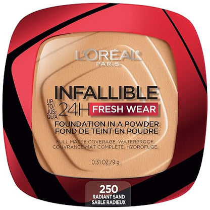 L'Oréal Paris Infallible 24H Fresh Wear, Base de Maquillaje en Polvo con SPF 25+, Alta Cobertura con Acabado Mate, Larga Duración y Control de Brillo, Tono 250 Radiant Sand