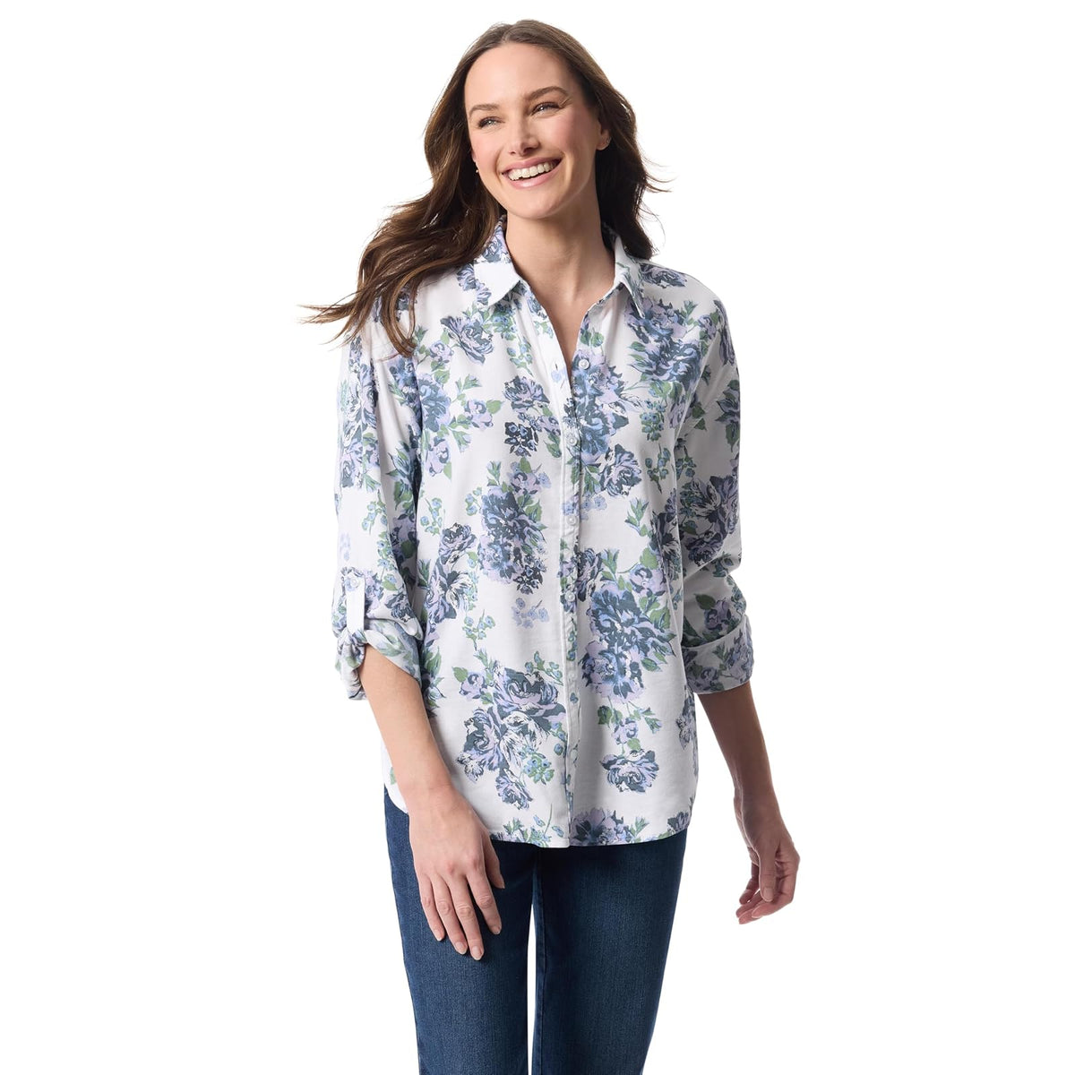 Gloria Vanderbilt Amanda - Camisa de Gran tamaño con Botones y Mangas enrollables para Mujer