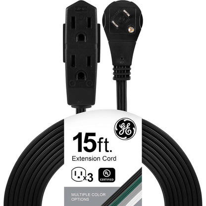 GE 56987 - Cable de extensión plano de 3 tomacorrientes con múltiples tomas, extensor de enchufe de 3 puntas, calibre 16 UL Listed Black