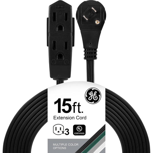 GE 56987 - Cable de extensión plano de 3 tomacorrientes con múltiples tomas, extensor de enchufe de 3 puntas, calibre 16 UL Listed Black