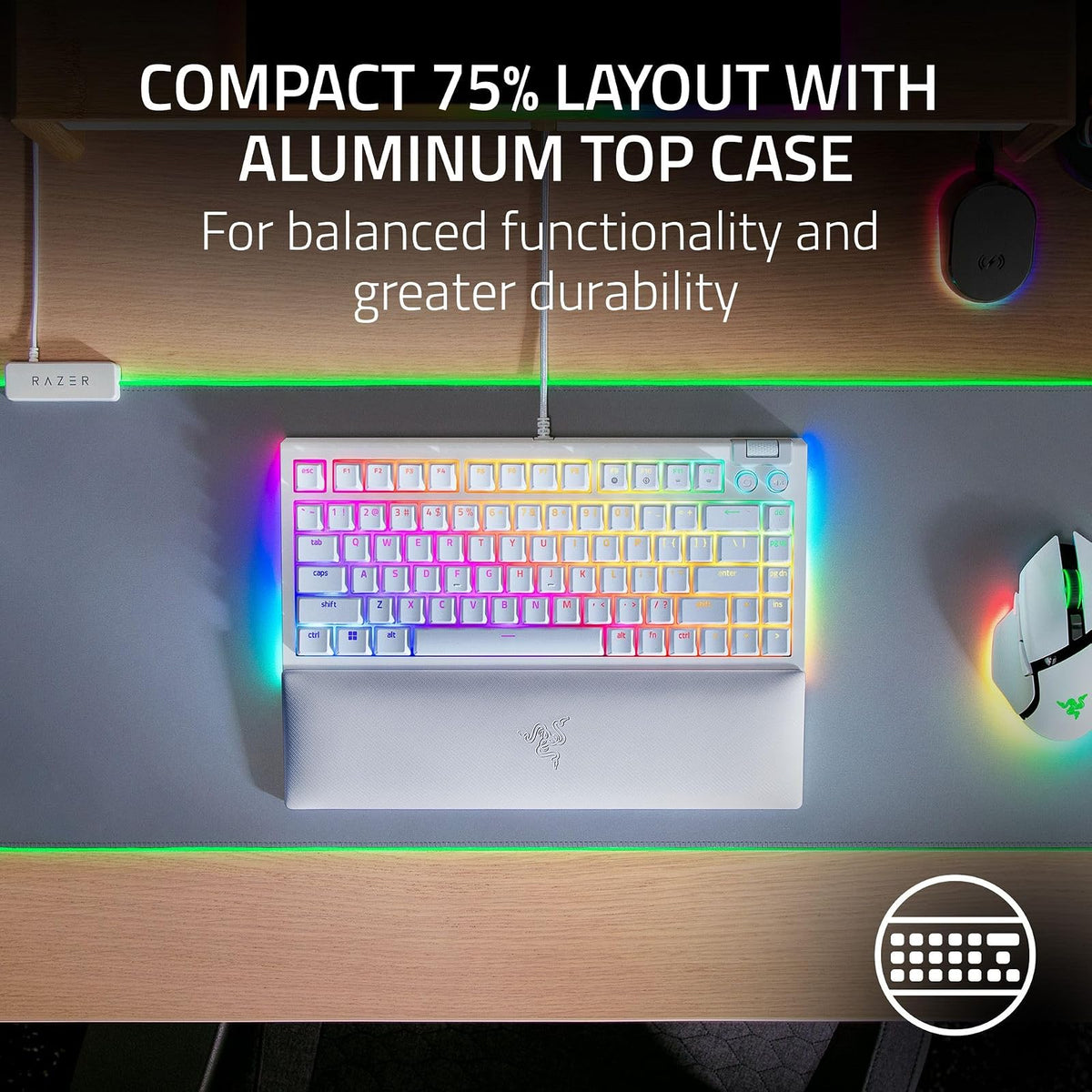 Razer V4 75% - Teclado mecánico Gaming Chroma RGB White Edition | Diseño intercambiable en caliente, compacto y duradero, Chroma RGB, MF Roller & Media Keys, cómodo reposamuñecas