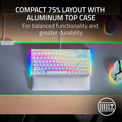 Razer V4 75% - Teclado mecánico Gaming Chroma RGB White Edition | Diseño intercambiable en caliente, compacto y duradero, Chroma RGB, MF Roller & Media Keys, cómodo reposamuñecas