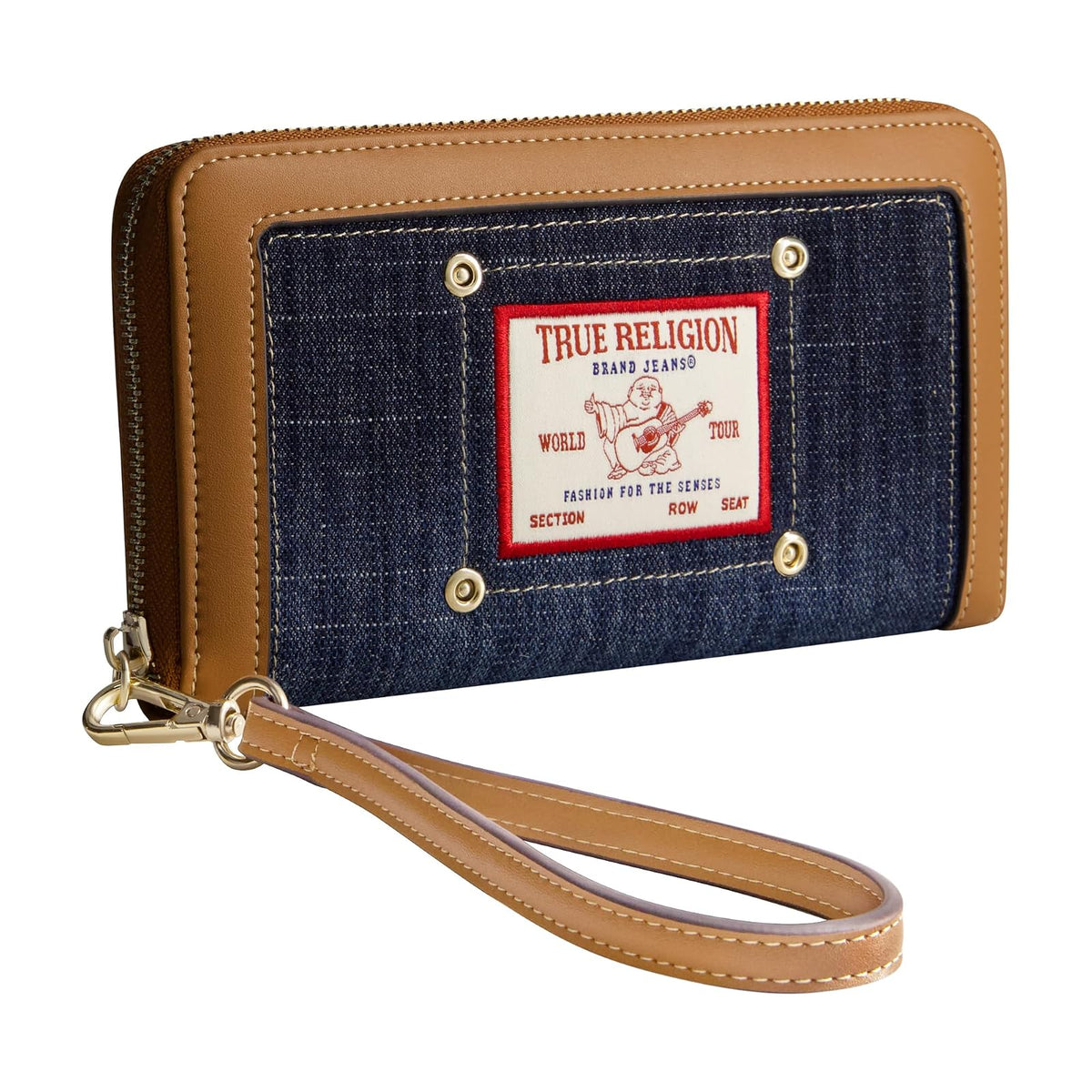 True Religion - Mini portafolios con cierre para mujer, con correa para la muñeca, tela vaquera oscura, talla única, Mezclilla oscura