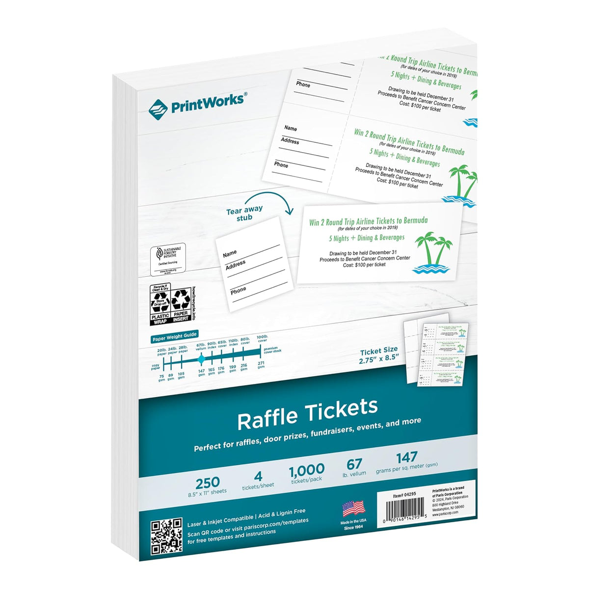 PrintWorks - Boletos de rifa imprimibles con trozos desgarradores para eventos y recaudación de fondos, 1000 boletos personalizados (tamaño 2.7 x 8.5 pulgadas), 4 por hoja, 250 hojas (8.5 x 11