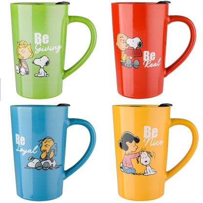 Peanuts Snoopy Gentle Reminders - Taza de viaje de 18 onzas con tapa, gres, paquete de 4, colores surtidos