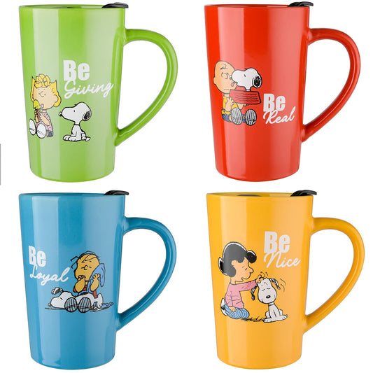 Peanuts Snoopy Gentle Reminders - Taza de viaje de 18 onzas con tapa, gres, paquete de 4, colores surtidos