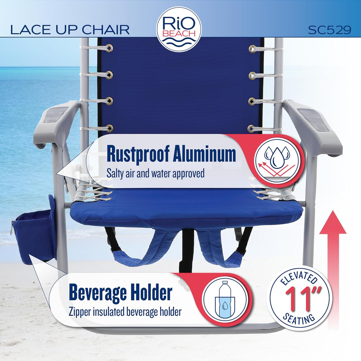 Rio Beach Lace-up Aluminum Backpack Chair, Red/Blue/Green/Yellow Stripe