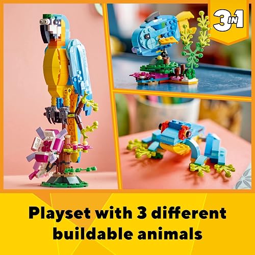 LEGO® Creator Loro Exótico; Animales de la Selva para Actividades en Familia con un Divertido Loro 3 en 1 articulado Que se Puede Transformar en una Colorida Rana Azul o un tierno pez Azul 31136