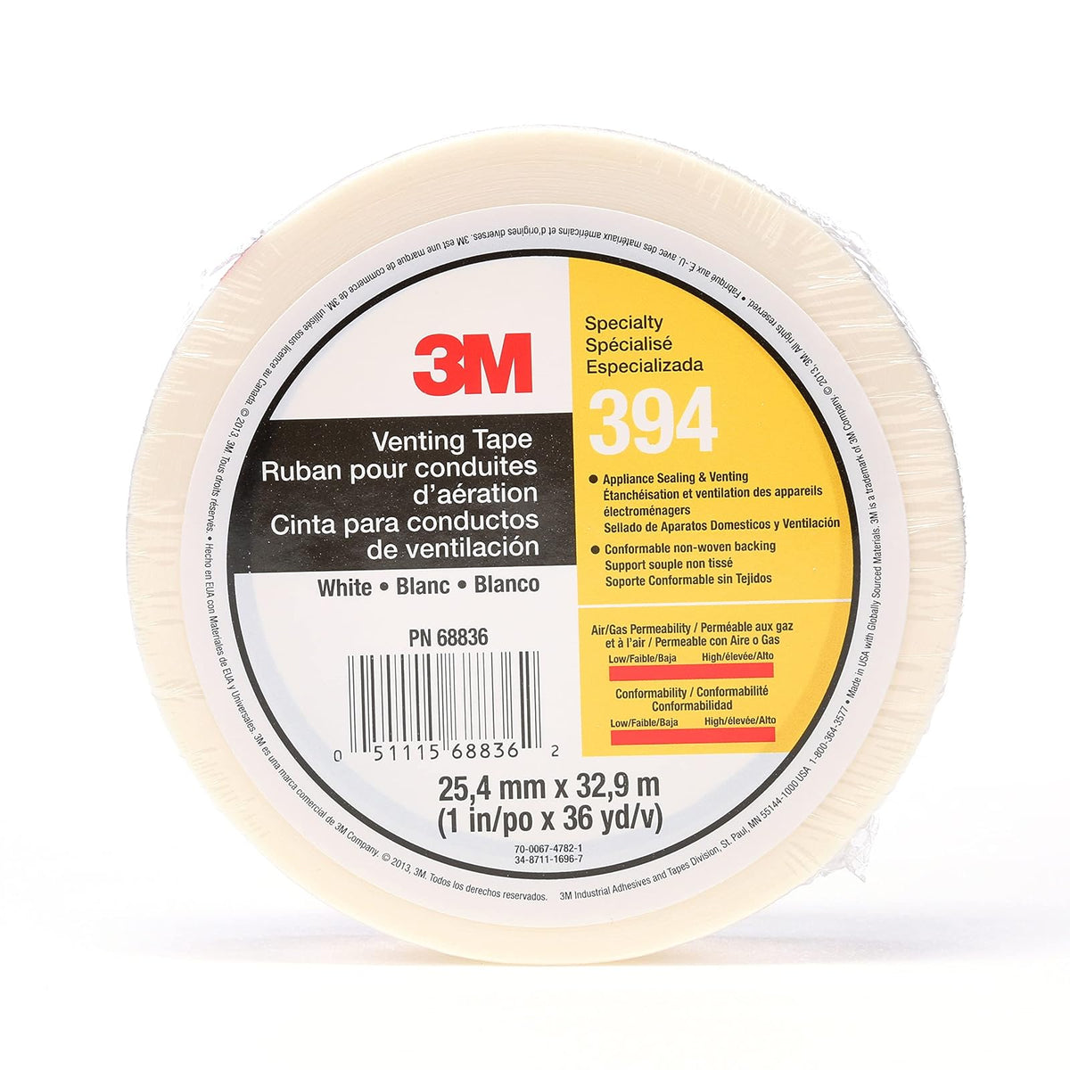 3M Venting Tape 394 White, Blanco, 1 in x 36 yd