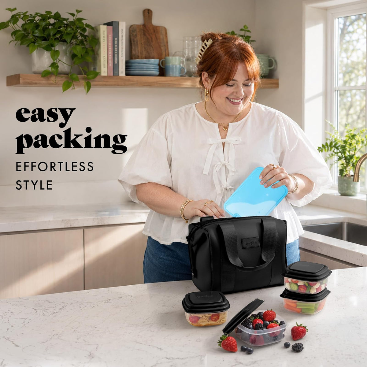 Fit & Fresh Remi - Bolsa de almuerzo de neopreno para mujer, kit de preparación de comidas con contenedores y paquete de hielo XL, material autoaislante, tipo neopreno, bolsa de almuerzo lavable a